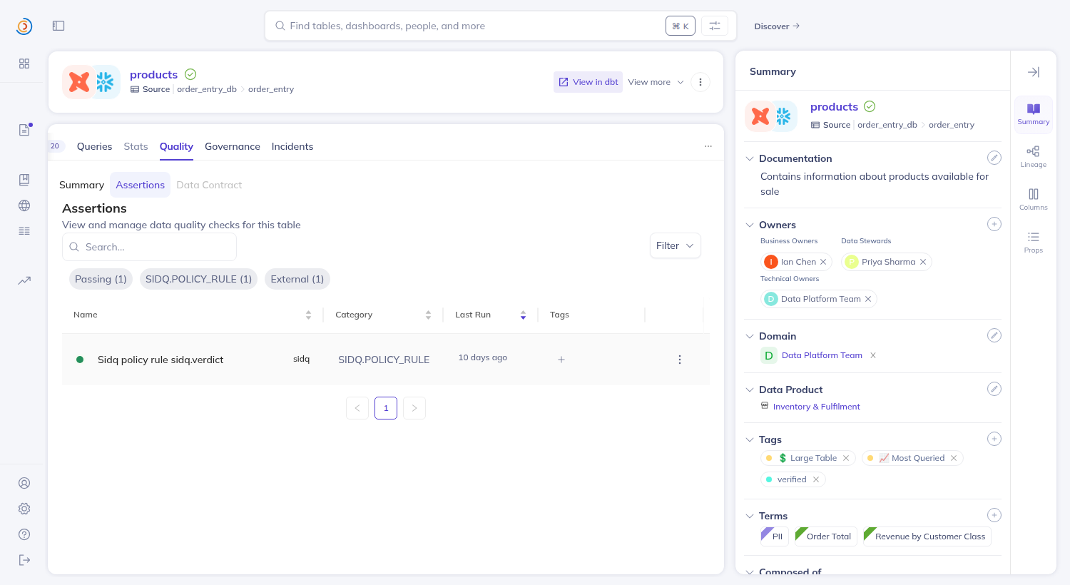 DataHub's Quality tab for the products dataset: one passing assertion named Sidq policy rule sidq.verdict, platform sidq, category SIDQ.POLICY_RULE, from an External source.